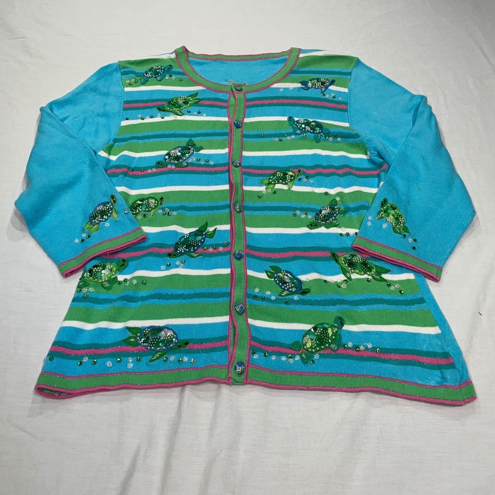 Sea Turtle Sequin Beaded Striped Cardigan Sweater Turquoise Blue Green Pink